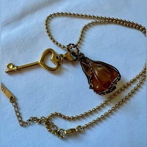 Amber Stone Necklace • Vintage Key Accent Gold Plated